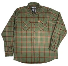 Dixxon Flannel Shirt Mens LARGE Siege Olive Orange Plaid Button Up Dixon Biker