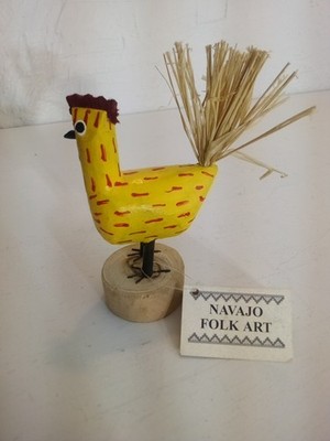 Navajo Folk Art Wooden Chicken With Straw Tail On Wood Base