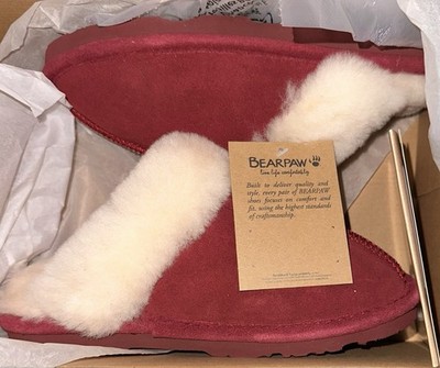 BEARPAW Womens Loki II Fluffy Slide Slipper Burgundy Wine Women s Size 7 NIB