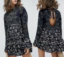 Free People Lady Luck Printed Tunic Mini Dress Green Blue Paisley Boho Small