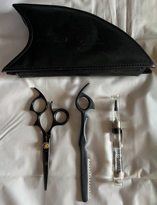 Shark Fin Professional Black Hair Cutting Shears Set w/ Razor Case Pen READ