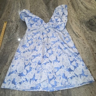 Day+Moon Medium Floral Brocade Mini Dress Blue White Puff Sleeves