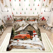 Merry Christmas Duvet Cover Queen Size,Rustic Farmhouse Barn Red Truck Print ...