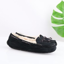 UGG Womens Brett Moccasin Shoes Size 7 Black Suede Sherpa Sheepskin Slipper Flat
