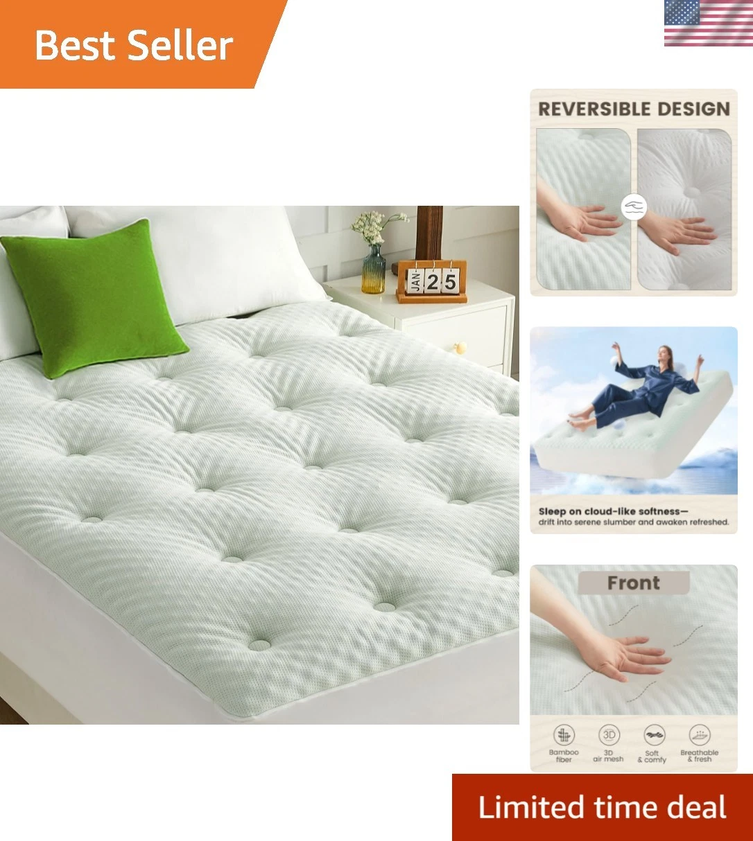 Reversible Queen Mattress Topper Egg Crate Memory Foam Mattress Topper, Bambo...