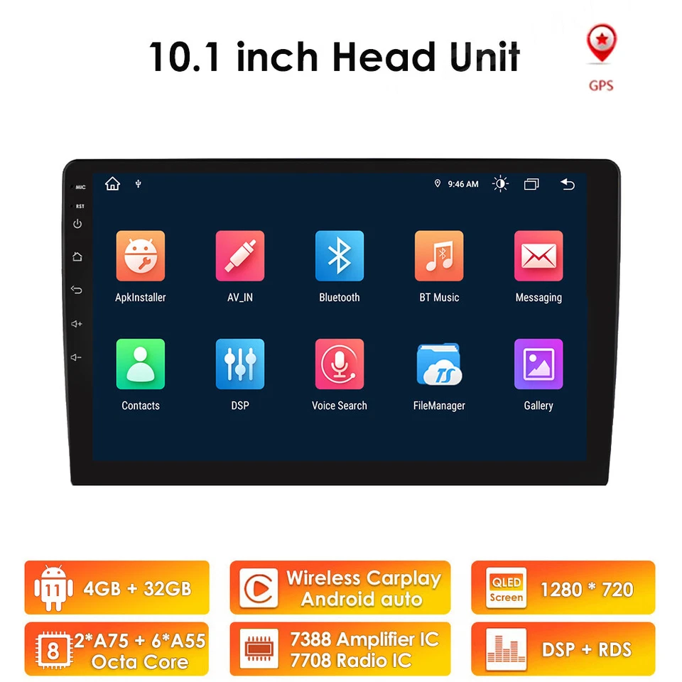 10.1'' 8Core 2 Din Car Radio Android GPS WIFI DSP Carplay Touch Stereo 4GB RAM - Image 2 of 4