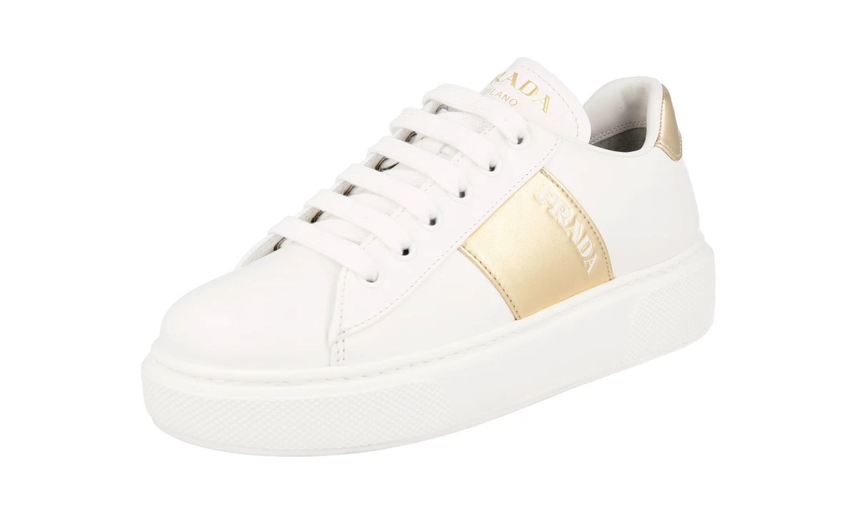 PRADA Leder Macro Plateau Sneaker - 1E223M - Weiss Gold- NEU - 35