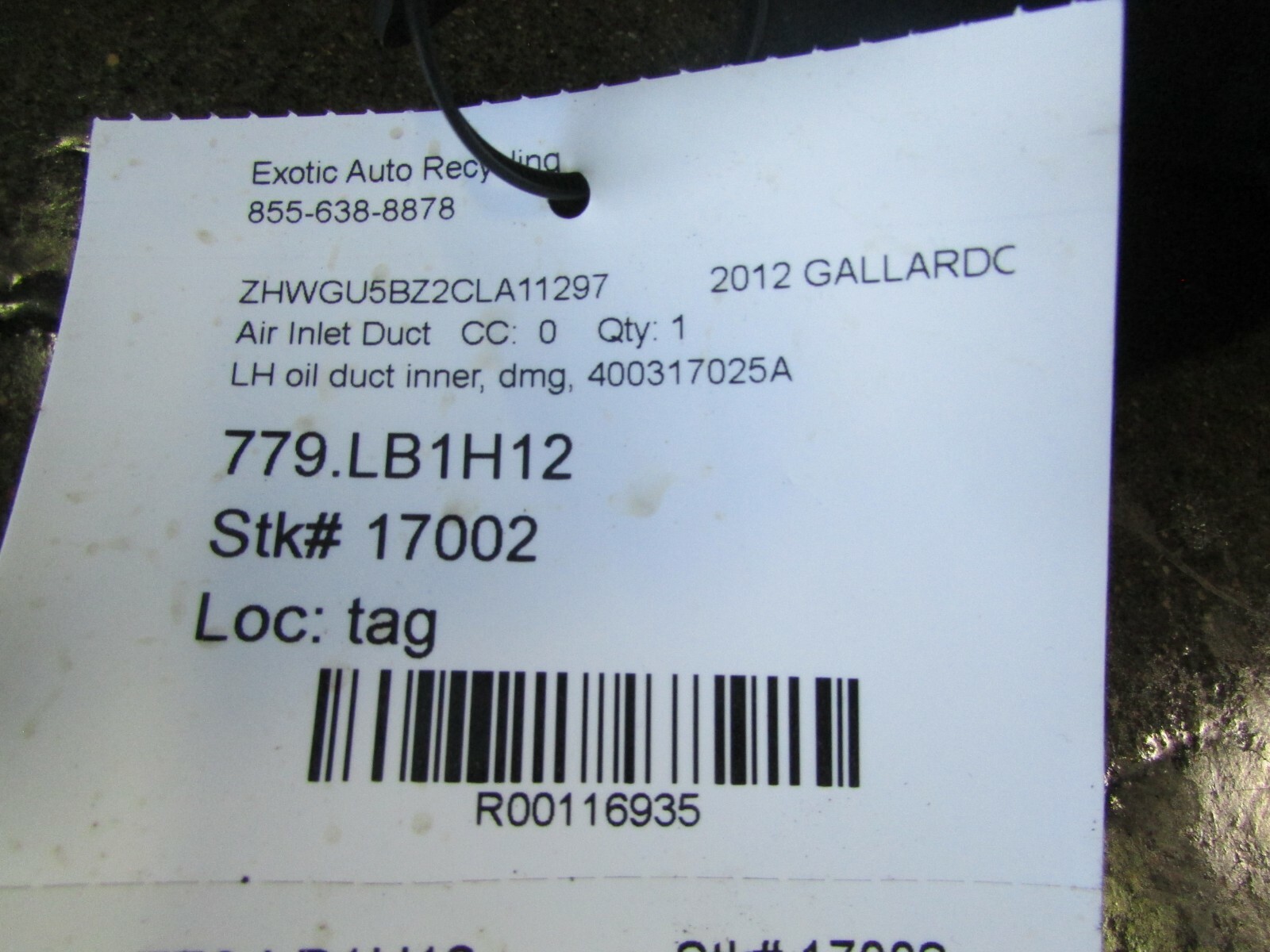 Lamborghini Gallardo, Engine Oil Cooler Inlet Duct, Damage, Used, P/N 400317025A
