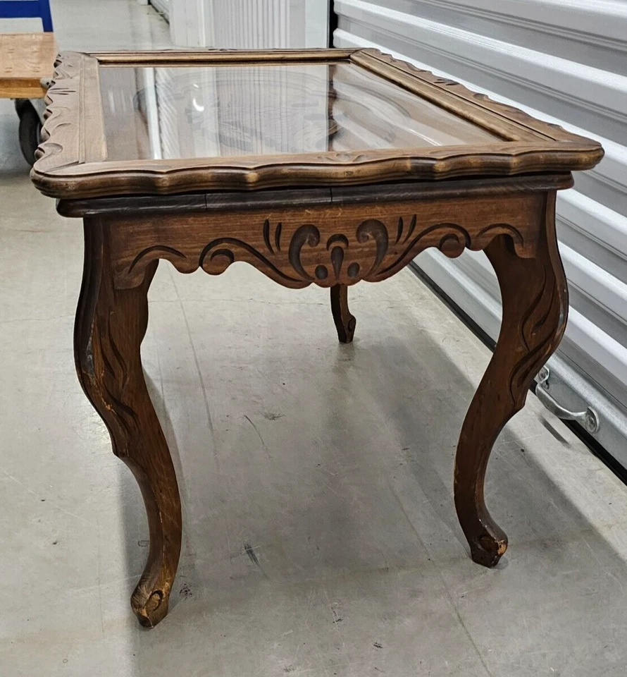 Antiguo soporte de mesa de centro con bandeja de vidrio de águila tallada a mano 29. 5" x 20,5" x 20" Foto 3 de 4