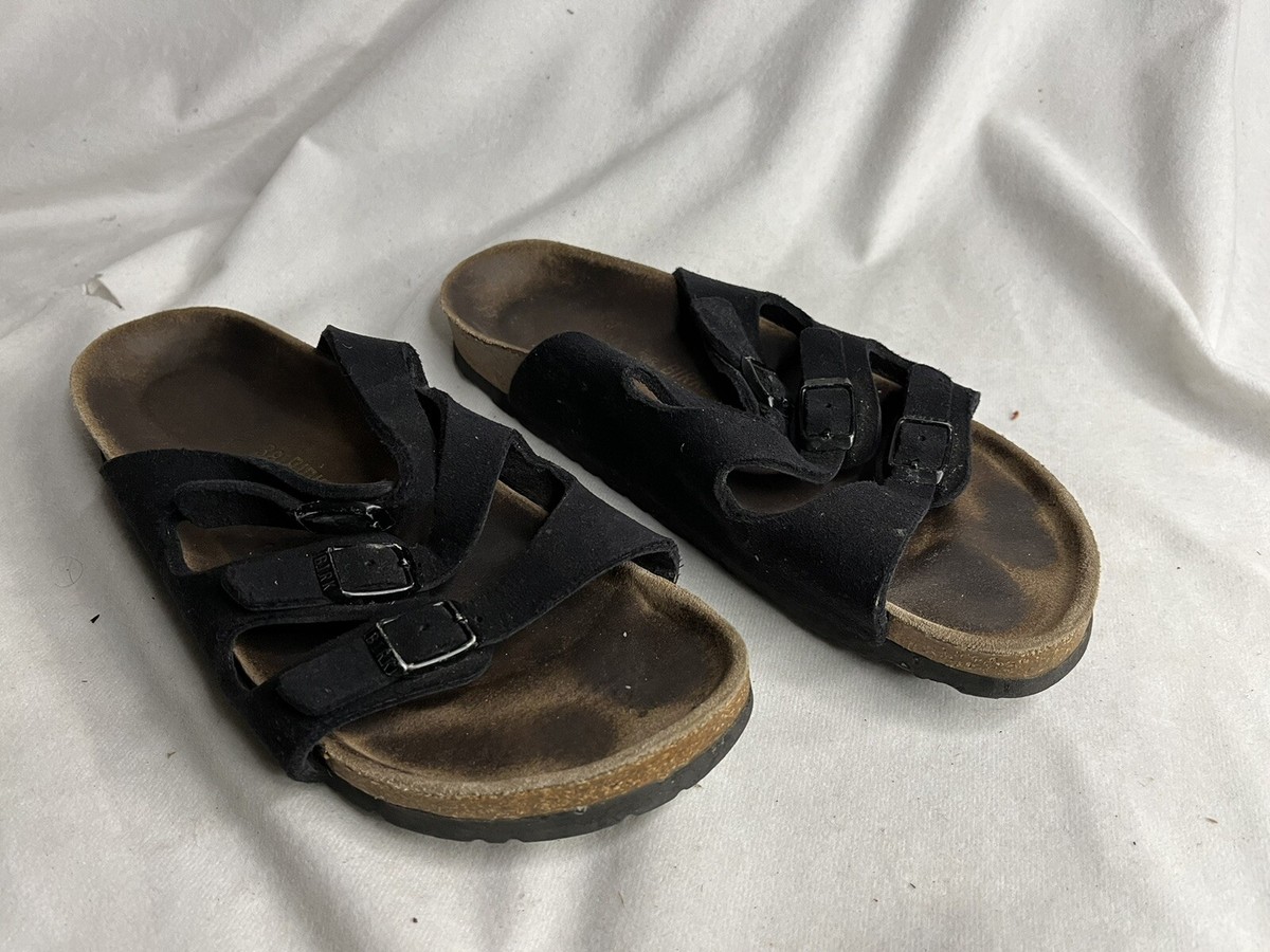 Birkenstock Birkis 38/7.5 Black Suede Leather 3 Strap 