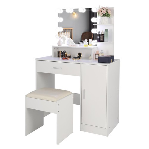 LED Mirror Dressing Table Vanity Set with Stool Storage Cabinet Drawer Shelf - Picture 10 of 10