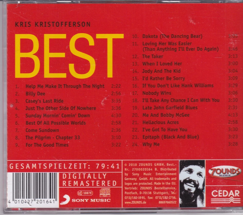 ZOUNDS - KRIS KRISTOFFERSON - For the good times - Best -rare audiophile CD 2010 - Bild 2 von 2