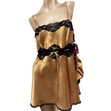 NWT Cinema Etoile Chemise Nightgown LARGE Gold w Black Lace Satin