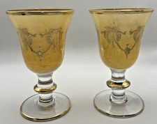 Crystal Goblets Arte Italica set of 2 yellow 24K gold trim 5.5" Italy Wine  READ