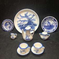 Vtg Miniature Blue White Windmill Tea For Two 10 Piece Set  Blue Delft Plate