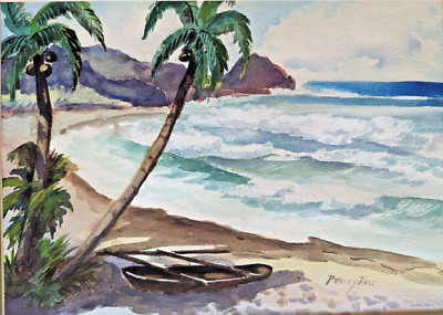 PERLEY HALE Original Signed Watercolor Painting Tropical Beach Ocean Palm Trees