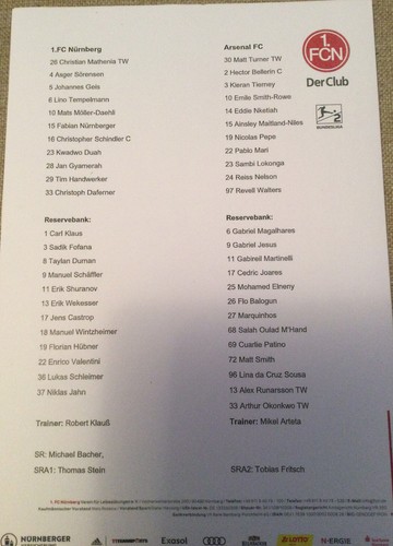 FC Nurnberg V Arsenal Pre Season Friendly Friday 8th July 2022 Teamsheet
