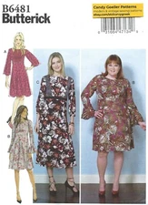 Butterick B6481 High Waist Dress w Contrast Inset, Sleeve Flounce PLUS 18W-24W