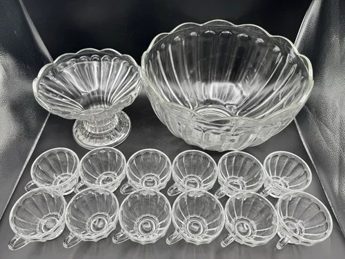 Vintage Anchor Hocking Colonial clear glass punch bowl set 12 cups & 2 Bowls USA