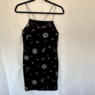 H&M DIVIDED Velour Mini Dress Sz M Black Y2K Sun Moon Stars Glitter Astrology
