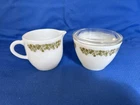 PYREX Spring Blossom Green Crazy Daisy Creamer Sugar Clear Lid Glass Set Vintage
