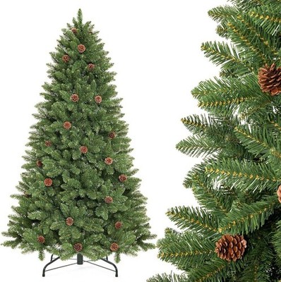 7FT Artificial Christmas Tree: Unlit Green Xmas Pine w/Pinecones and Metal Stand