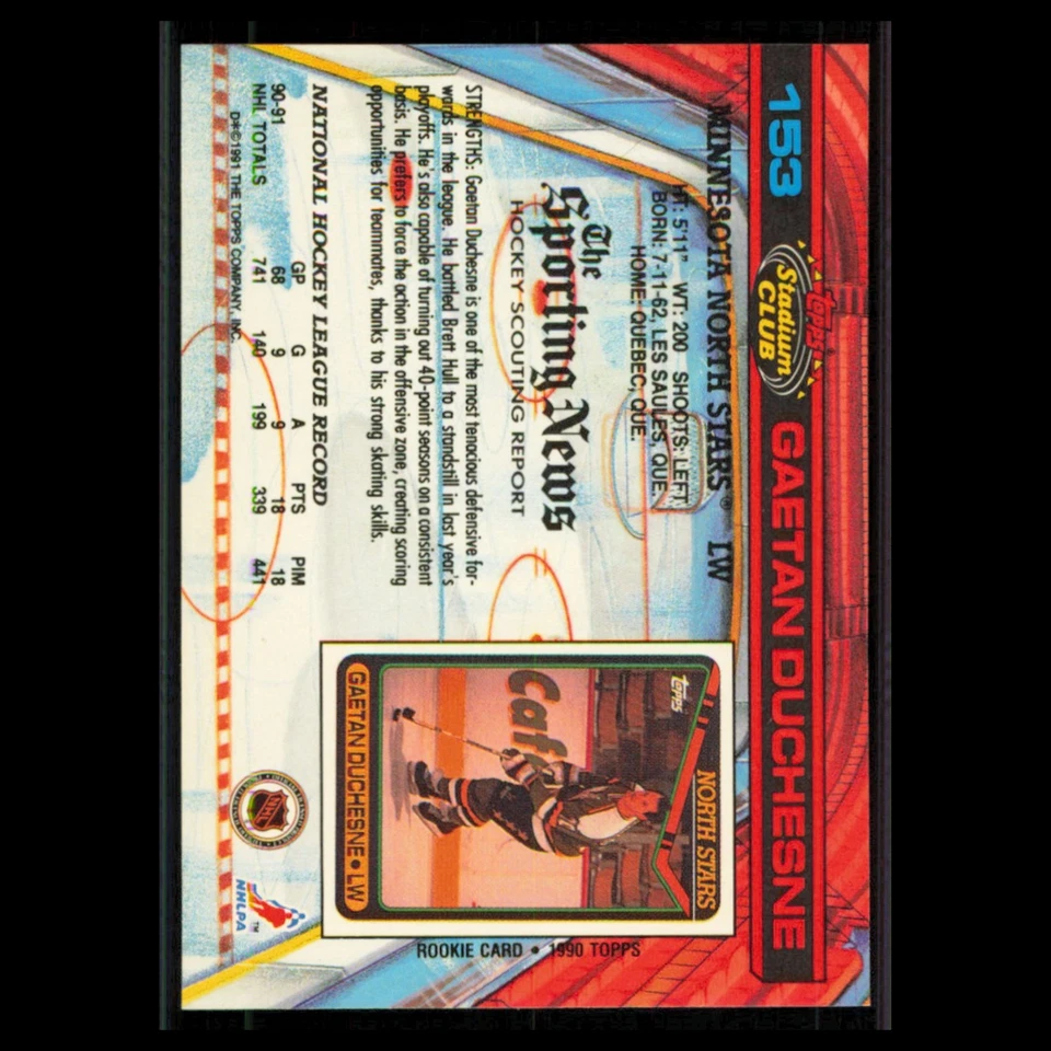 Gaetan Duchesne #153 1991 Topps Stadium Club Minnesota North Stars Hockey Card - Image 2 of 3