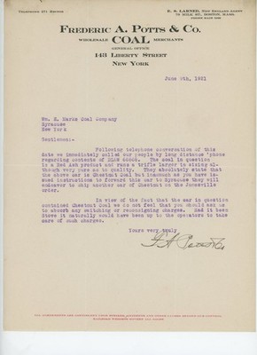 1921 Frederic A. Potts & Co. Coal Merchants Typed Letter New York