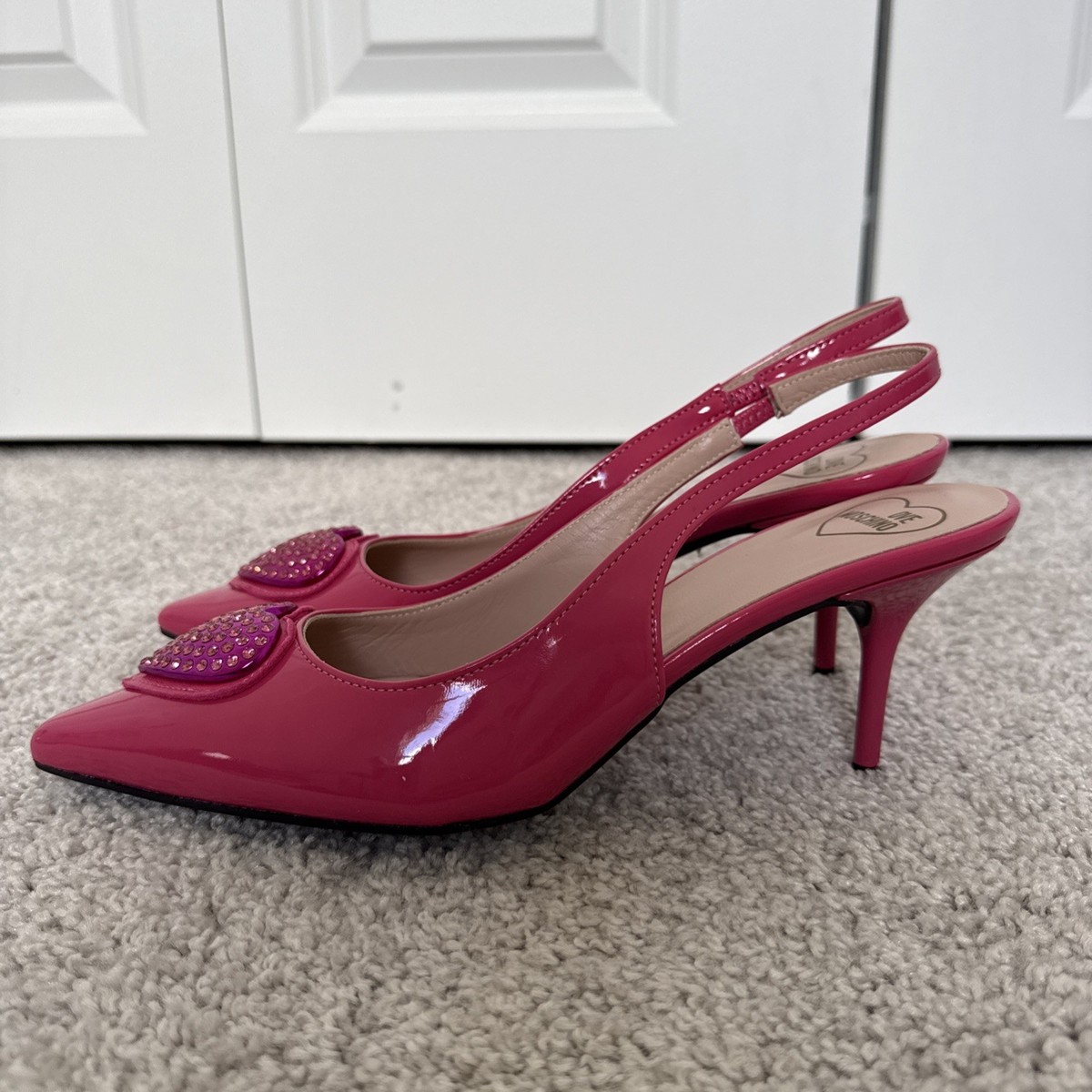 もこ NWB Love Moschino Scarpad Spillo 70 Vern Fuxia Patent Leather