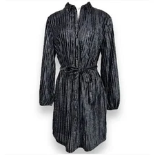 House of Harlow 1960 Sparkle Shirtdress Black Silver Tie Waist Collar Medium