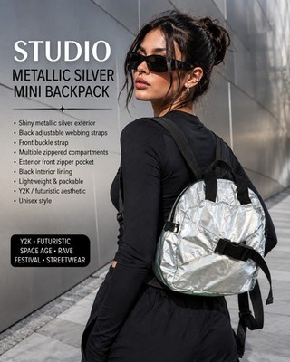 STUDIO Metallic Silver Mini Backpack Y2K Futuristic Techno Rave Space Age Bag