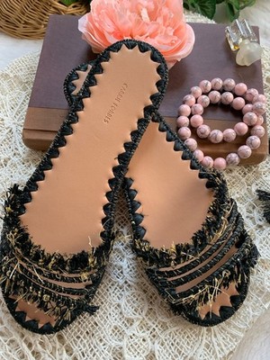 Carrie Forbes Black Gold Raffia Fringe Slide Sandals Handmade Women's Size 39