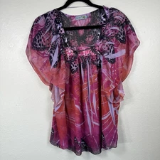 Unity Worldwear Pink Butterfly Flowy Blouse Top Women's Small Blouse Boho Hippie