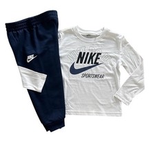  New Nike White Long Sleeve Logo T-Shirt  Blue Jogger Pants Set Boys Size 4