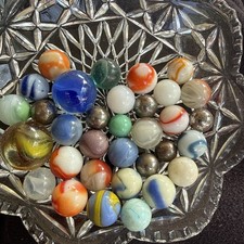 Lot Of 35 Vintage Marbles Large And Small Blue Brown Green Steel Rare Box20-9