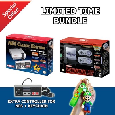 NES and SNES Classic Edition Bundle Extra Controller + Keychain FAST SHIPPING!