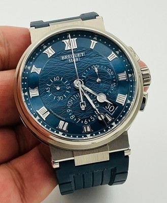 Breguet Marine Chronograph 18K White Gold Blue Dial Mens Watch 5527BB Box & Book