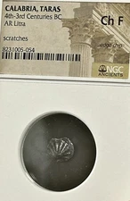 Calabria Taras AR Litra 4th-3rd Centuries BC Shell Dolphin NGC Ch F