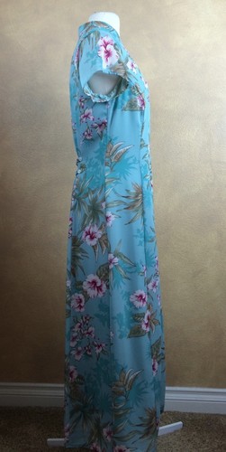 AMANDA LANE DRESS Aqua Blue Floral Mandarine Collar w KEY HOLE Midi Size 8 VTG - Picture 8 of 9
