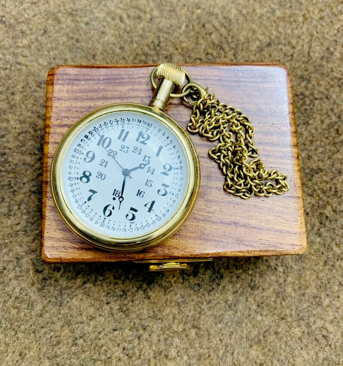 Vintage Brass Pocket Watch with Wooden Box Antique Pocket Watch