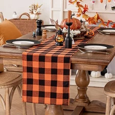 13x108 Inch Orange & Black Buffalo Plaid Halloween Table Runner for Dining Party