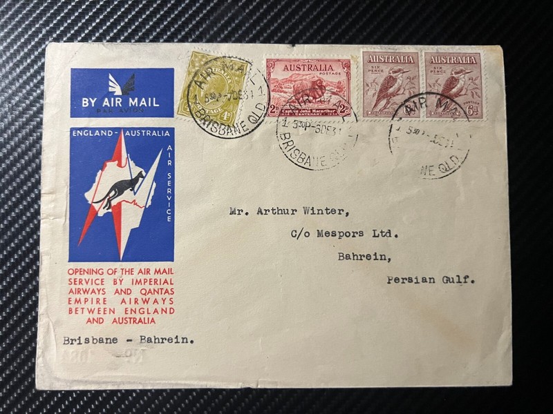 1931 Australia Airmail First Flight Cover FFC Brisbane to Bahrain Persian Gulf 2