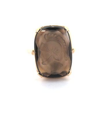 Stunning Vintage 10ct Gold & Smoky Quartz Carved Roman Centurion Ring Size O 6.g