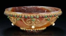 2.8" Old Chinese Dynasty Natural Agate Inlaid Gem Carving Round Bowl Bowls