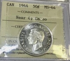 Canada 1944 N4 Cameo 50 Cent ICCS MS 64 Choice Toner UNC Half Dollar George VI