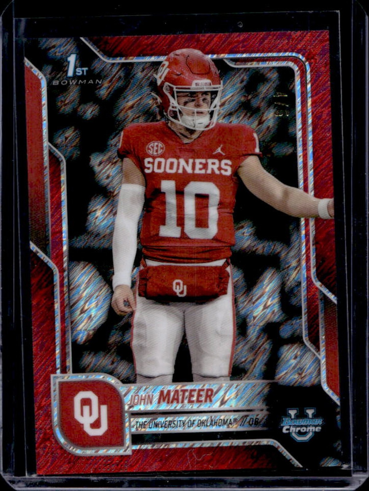 2025 Bowman Chrome University John Mateer Red Shimmer Refractor 1st #/5 Sooners