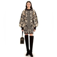 NEW FARM Rio Black Pineapple Garden Mini Sweater Dress Tunic Floral Knit Size XL