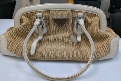 Authentic Prada Cinghale Trimmed Raffia Frame Bag Neutrals Silver Tone Hardware