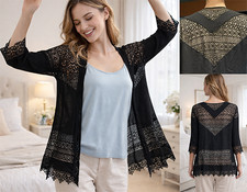 Black Lace Kimono Cardigan Boho Sheer Open Front Lightweight Elegant Layering To