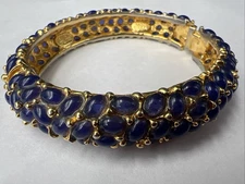 Kenneth Jay Lane Gold Tone Blue Cabochon Cobblestone Hinged Bracelet Cuff